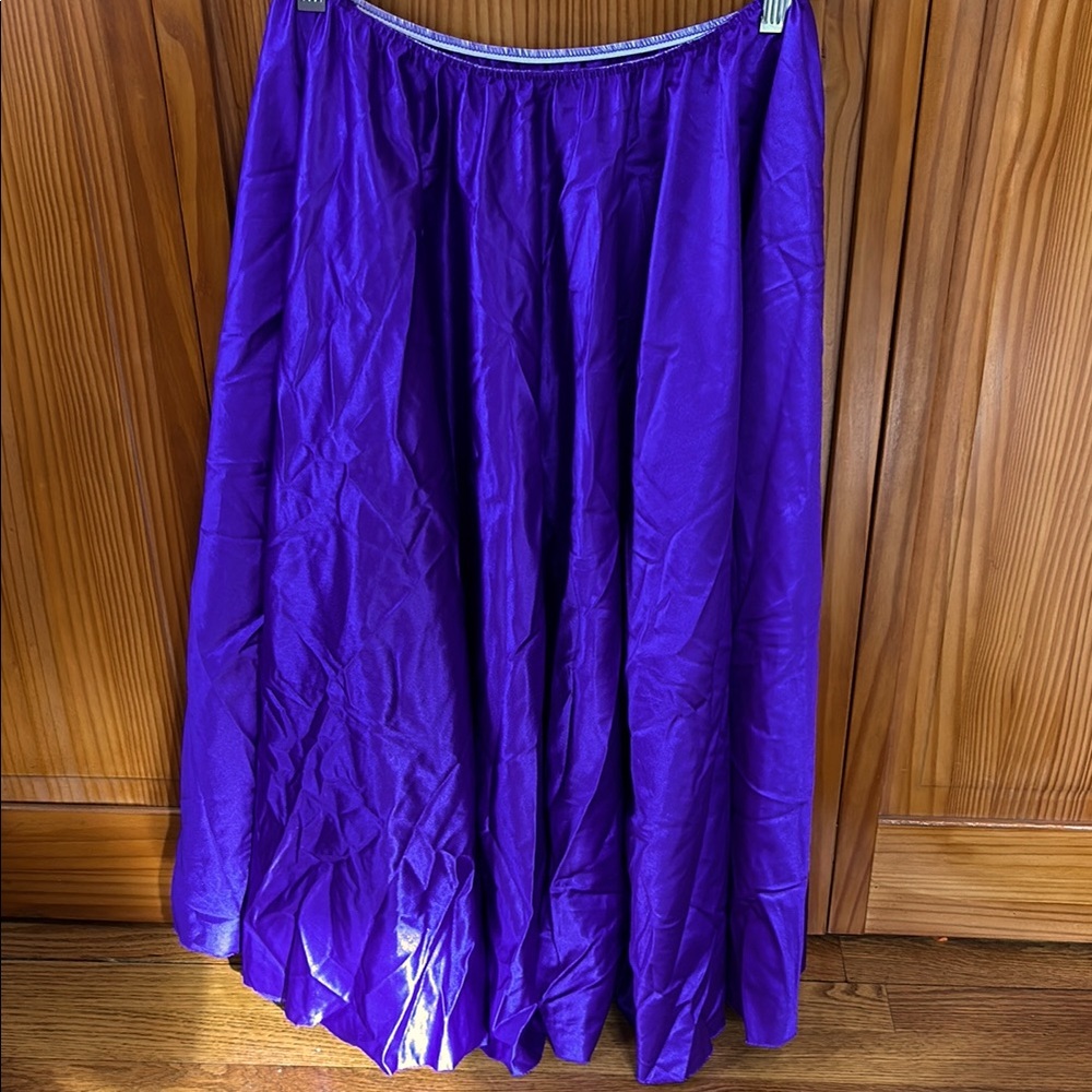 This is a shiny purple elastic waist skirt; not lined;just below the knee length